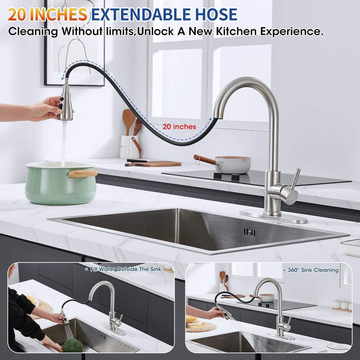 304 Stainless Steel Pull-Out Kitchen Faucet – Brushed Nickel